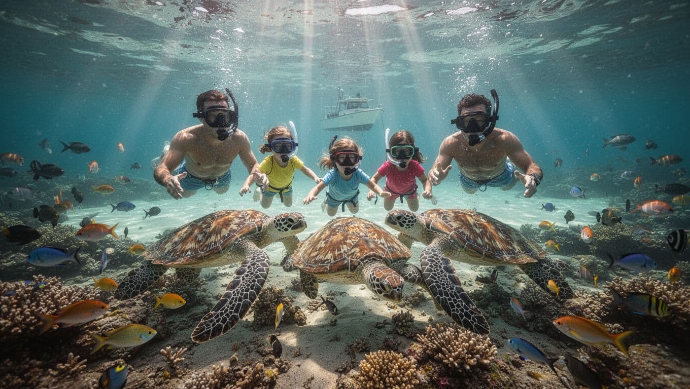 Underwater view shows family of four snorkelers spotting three green sea turtles at coral reef with fish schools and distant boat in turquoise water.