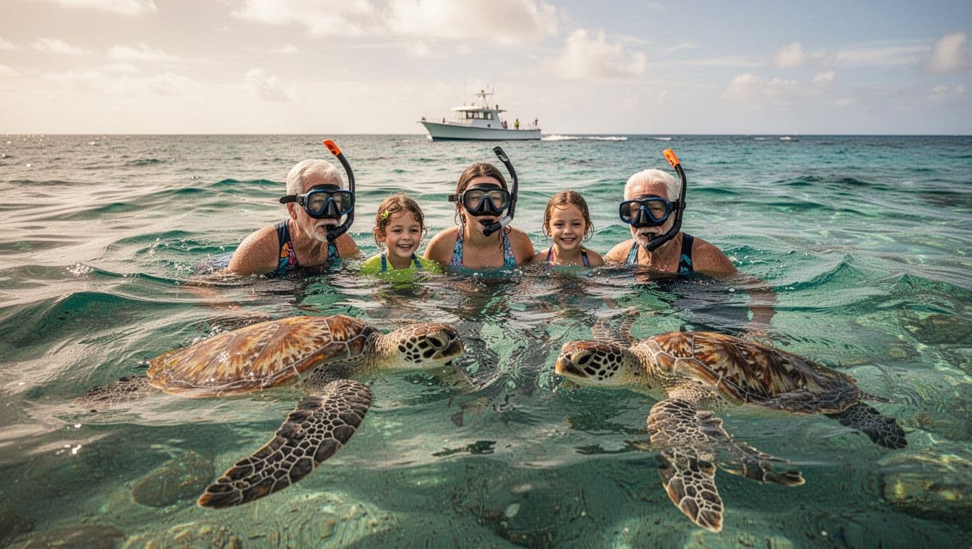 Two adults and one child snorkel in turquoise waters off Oahu, spotting green sea turtles nearby, boat in background.