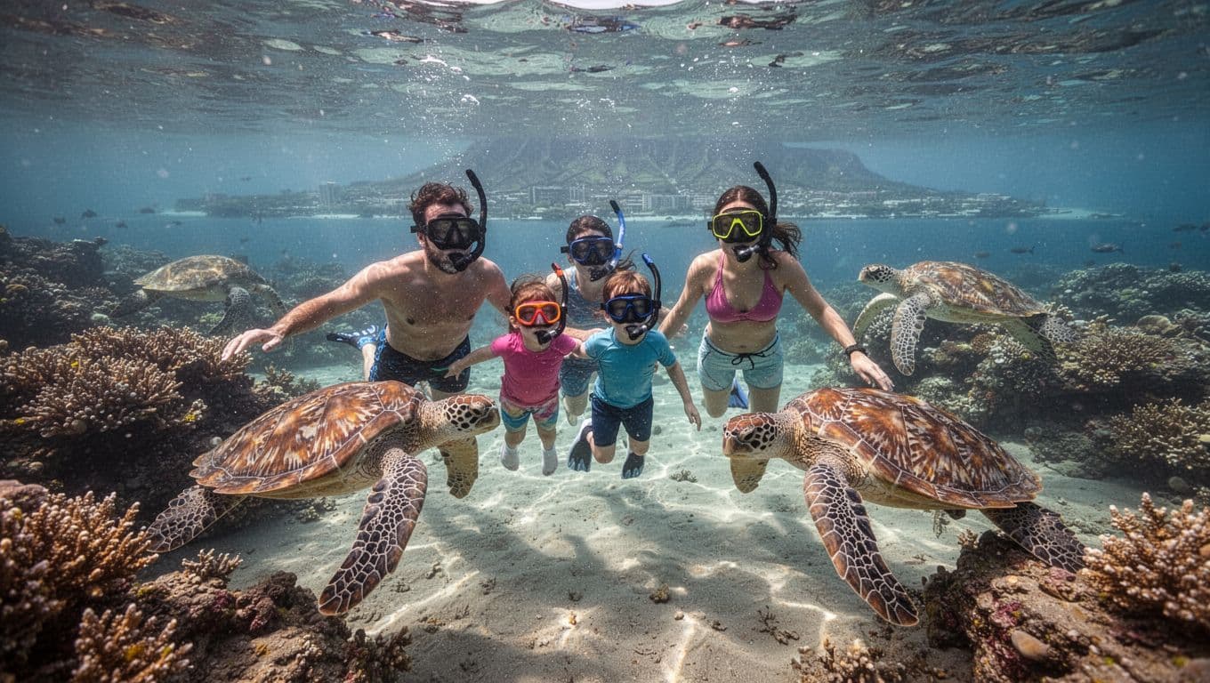 Family of four in snorkel gear floats in shallow reef observing nearby turtles, Oahu shoreline distant.