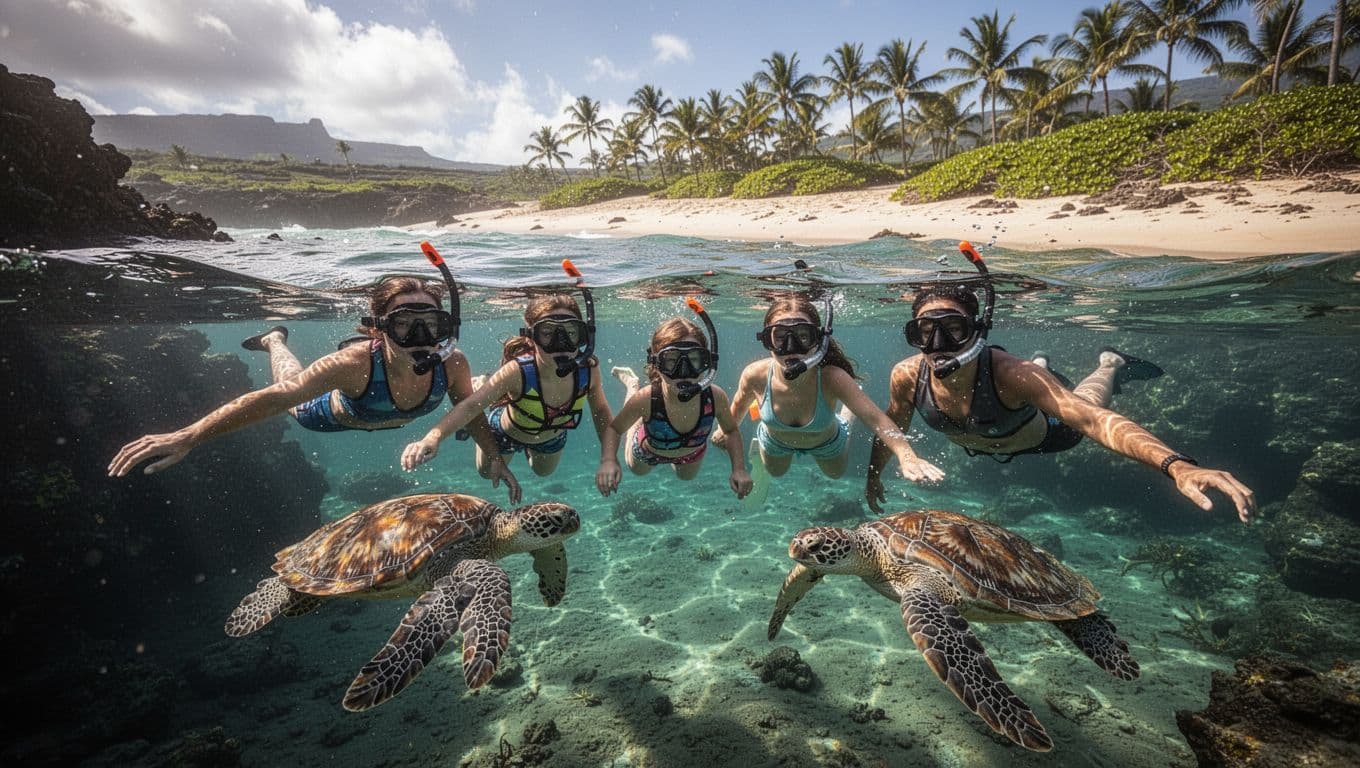 A family of four snorkels joyfully in the clear waters of a protected cove at Turtle Bay on Oahu's North Shore, with sea turtles swimming nearby and a sandy beach with palm trees in the background.