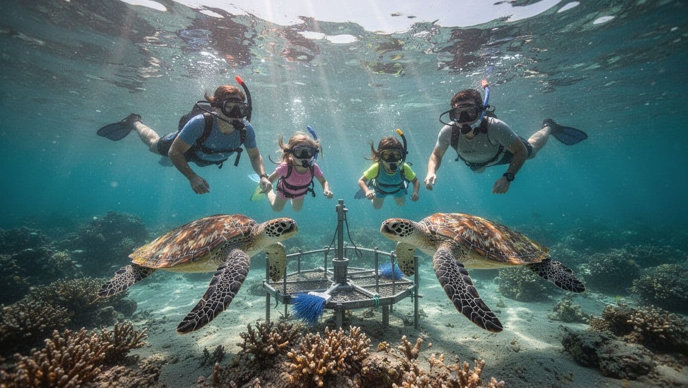 A family of four snorkelers floats relaxed in crystal clear turquoise waters at Turtle Canyon off Waikiki Oahu, near two Hawaiian green sea turtles at a coral reef cleaning station below, with sunlight rays piercing the surface in a cinematic half above half below water landscape.