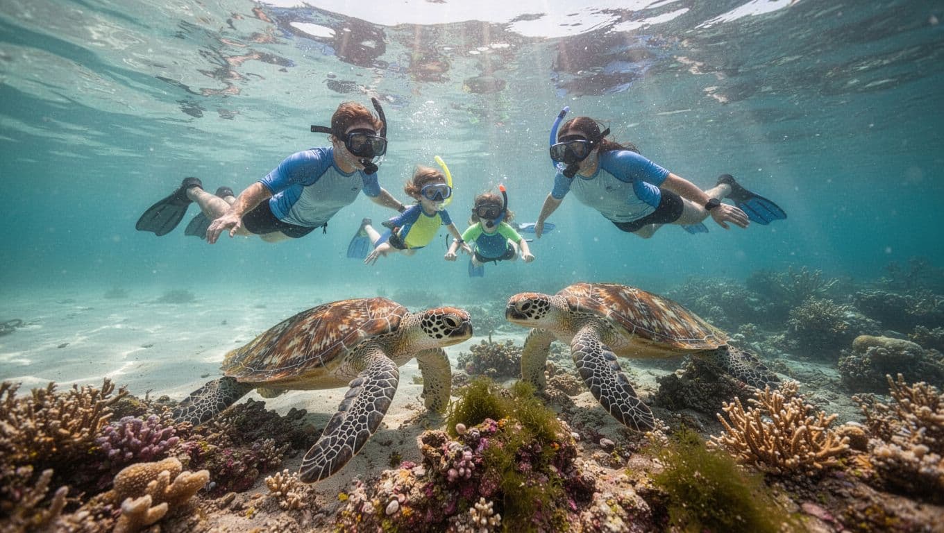 Three people in rash guards snorkel in clear turquoise water, spotting two green sea turtles grazing algae above coral reef.