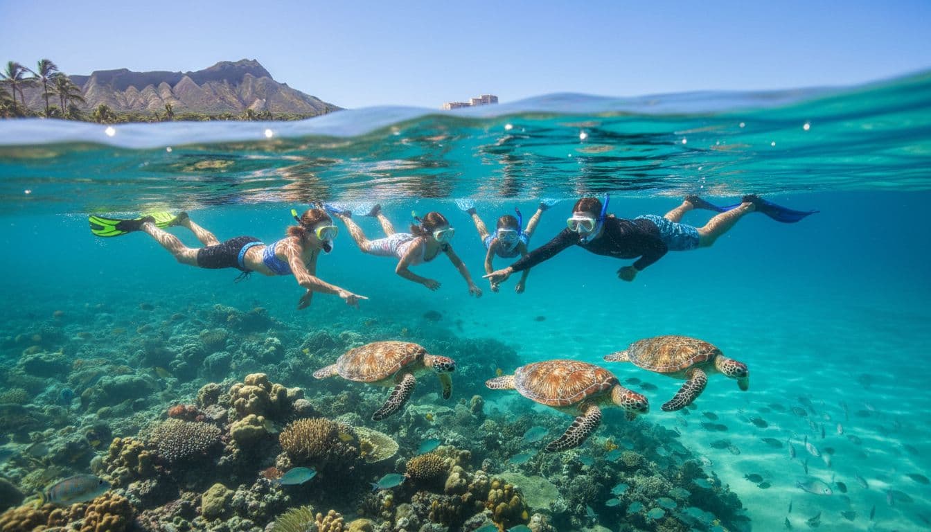 A family of two adults and two children snorkels in clear shallow waters near Waikiki beach, spotting Hawaiian green sea turtles swimming nearby on a sunny day with turquoise ocean and coral reef background.
