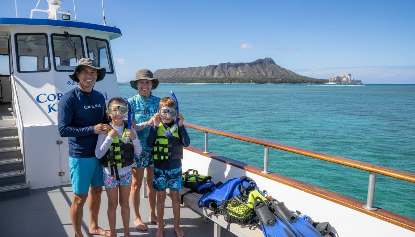 A smiling family of four (two parents and two kids aged 6-10) stands on the deck of a double-decker tour boat off Waikiki Oahu South Shore, ready for snorkeling with gear nearby and Diamond Head volcano in the background on a sunny day.