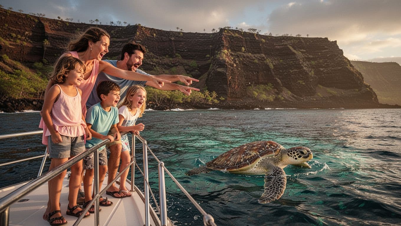 A family of two adults and two kids excitedly points at a Hawaiian green sea turtle surfacing near their snorkeling boat off the Kona coast, with clear blue waters and volcanic coastline in the golden hour light.