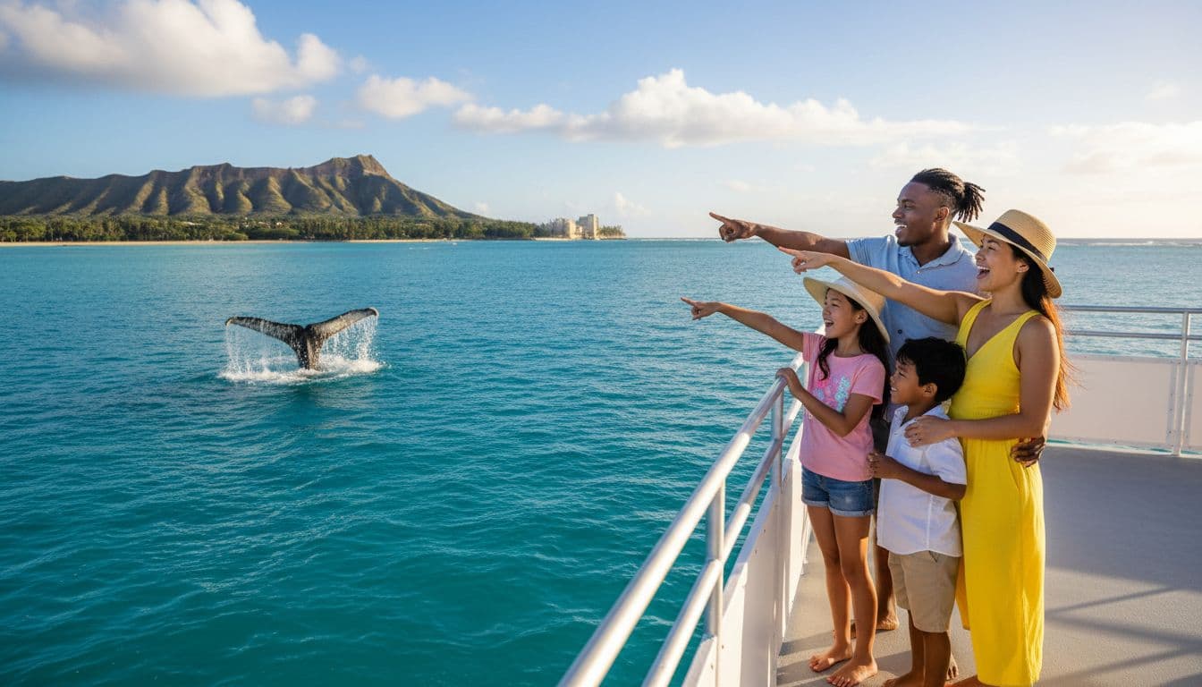 A joyful multiracial family of four on the upper deck of a double-decker boat off Waikiki, Oahu, Hawaii, excitedly points at a humpback whale's tail fluke rising from the calm blue ocean, with Diamond Head volcano in the background under sunny midday light.