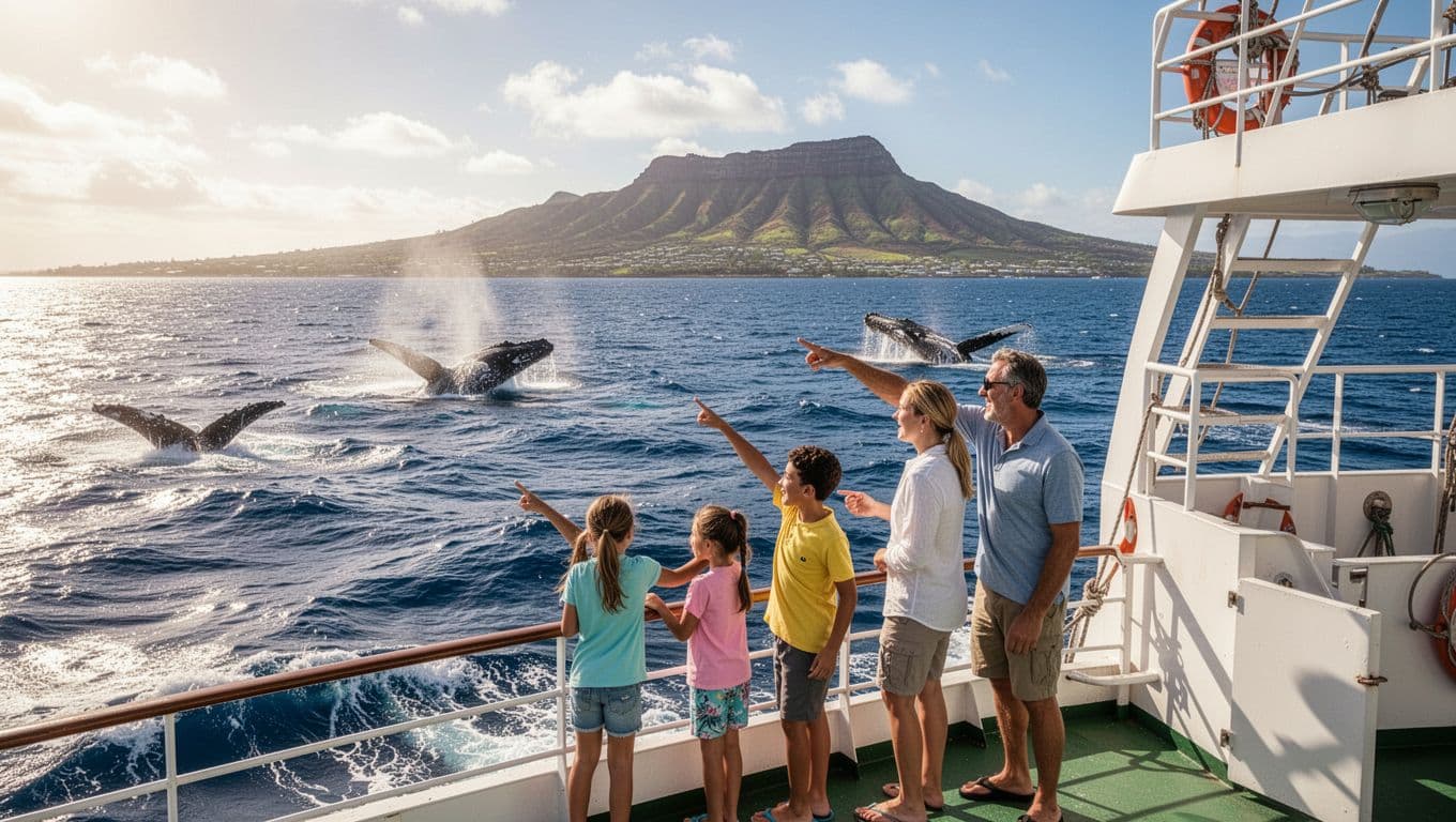A family of four excitedly points at breaching humpback whales from a double-decker boat off Oahu's coast on a sunny morning, with Diamond Head in the background.