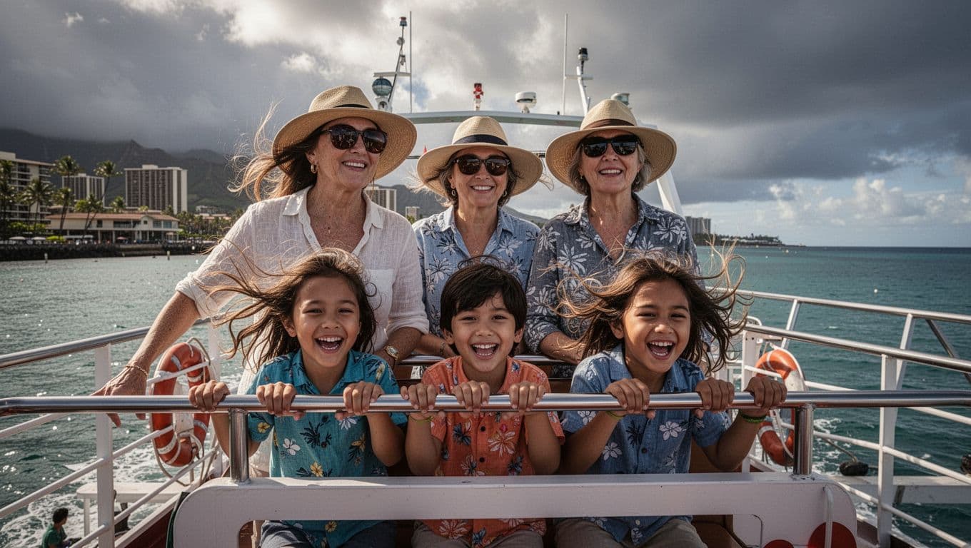 Parents in strapped hats and sunglasses with excited kids holding rails on double-decker boat deck overlooking Honolulu waterfront.