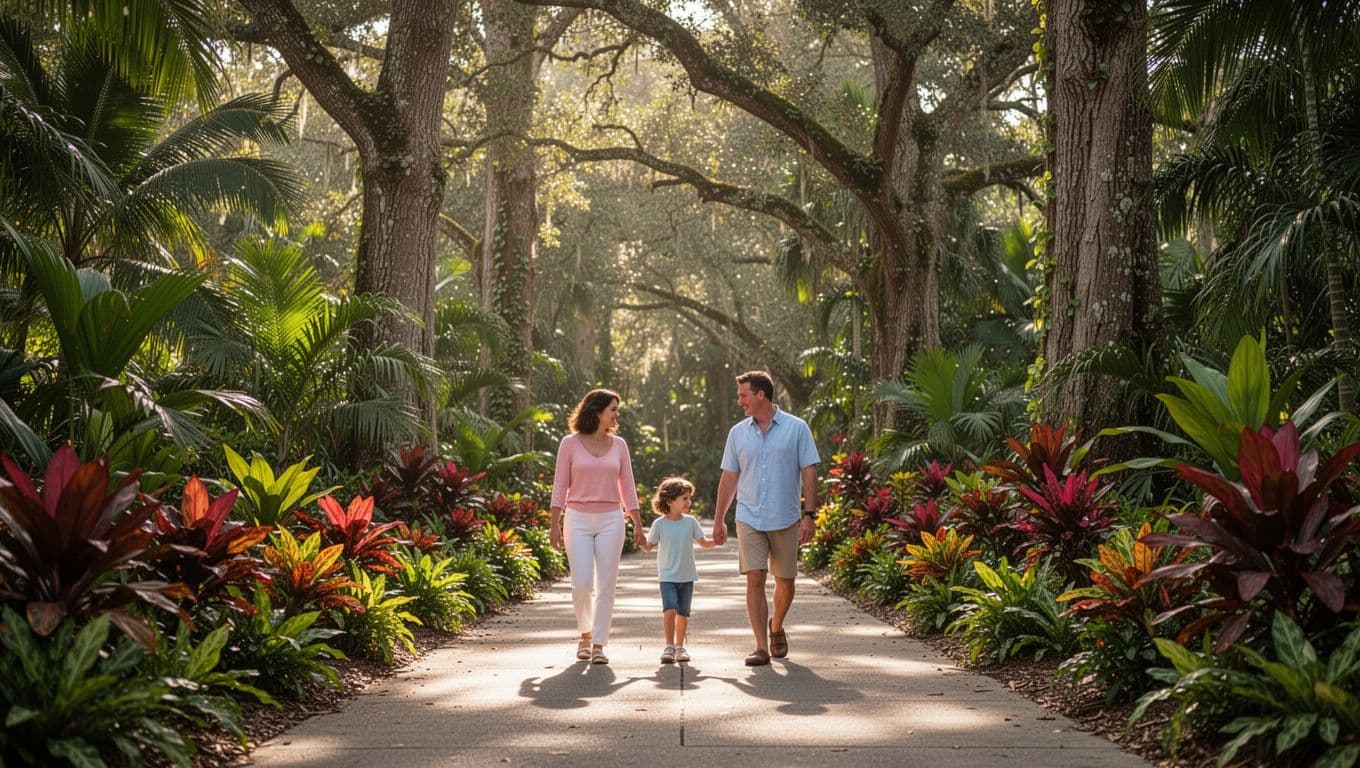A family strolls down a paved garden walkway surrounded by vibrant tropical foliage and dense trees. Sunlight filters through the canopy, casting a warm, peaceful glow over the lush landscape.