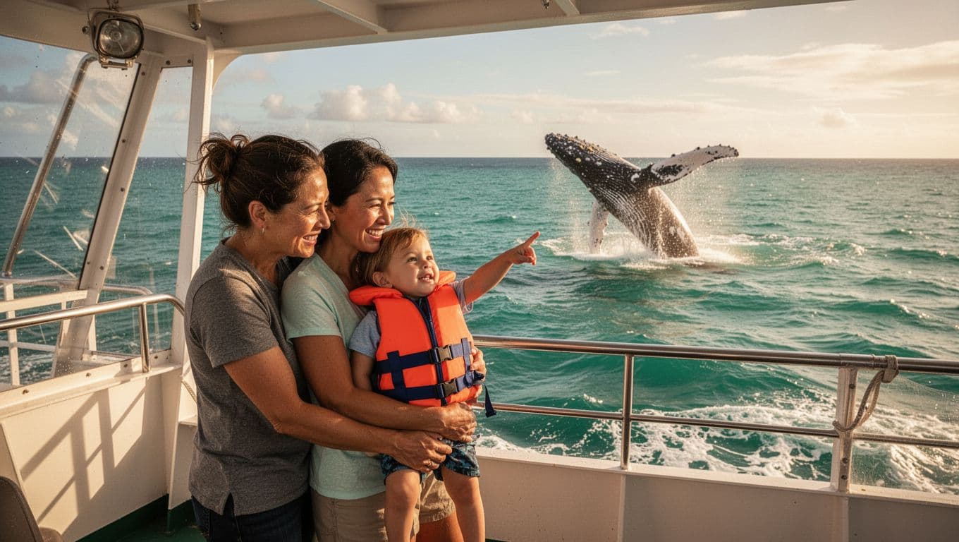 Family of three on double-decker boat deck watches toddler point at breaching humpback whales in turquoise ocean.
