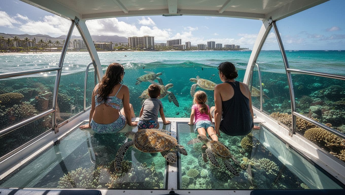 A glass bottom boat hovers over Turtle Canyon in Oahu, Hawaii, where an excited family of four peers through the large glass floor at Hawaiian green sea turtles swimming in clear turquoise waters amid a visible coral reef. Waikiki shoreline appears in the distant sunny background, captured in cinematic style with dramatic lighting and high detail.