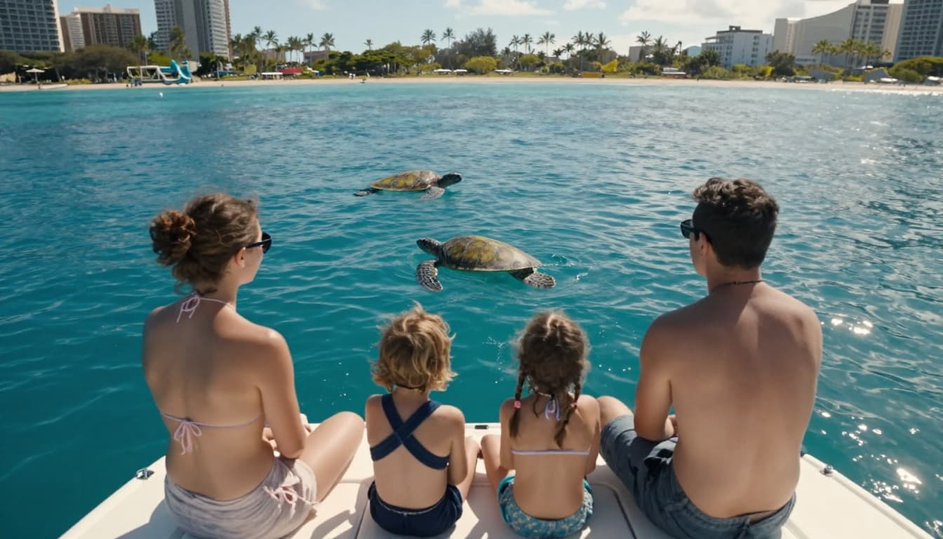 Family of four relaxes on double-decker boat deck with water slide and trampoline, approaching reef where green sea turtles swim in clear blue water.