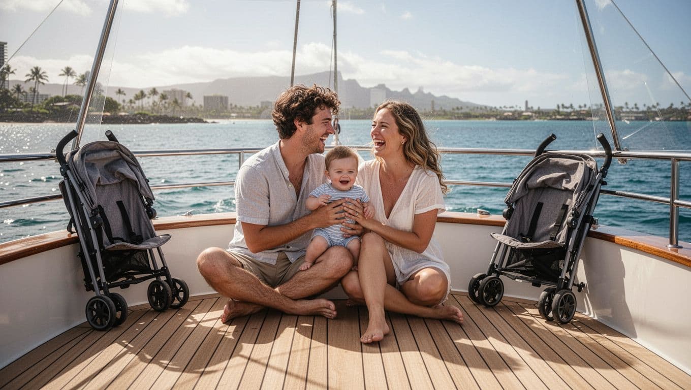 A smiling family stands on a sunny boat deck in Waikiki while looking toward the horizon. A folded black stroller rests neatly against the side railing under vibrant island sunlight.