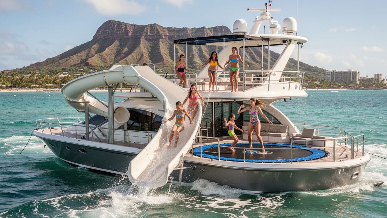 Luxury double-decker boat with water slide and trampoline anchored off Waikiki coast, families enjoying water activities with Diamond Head in the background on a bright sunny day.