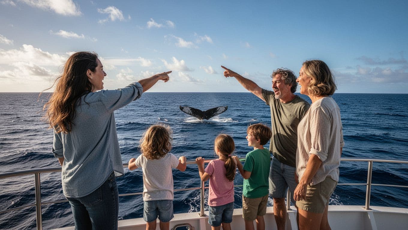 A family of two adults and two children on a boat deck points excitedly at a distant whale tail fluke in the November ocean off Oahu, under clear blue skies with light clouds, captured in cinematic style with strong contrast, dramatic lighting, and depth.