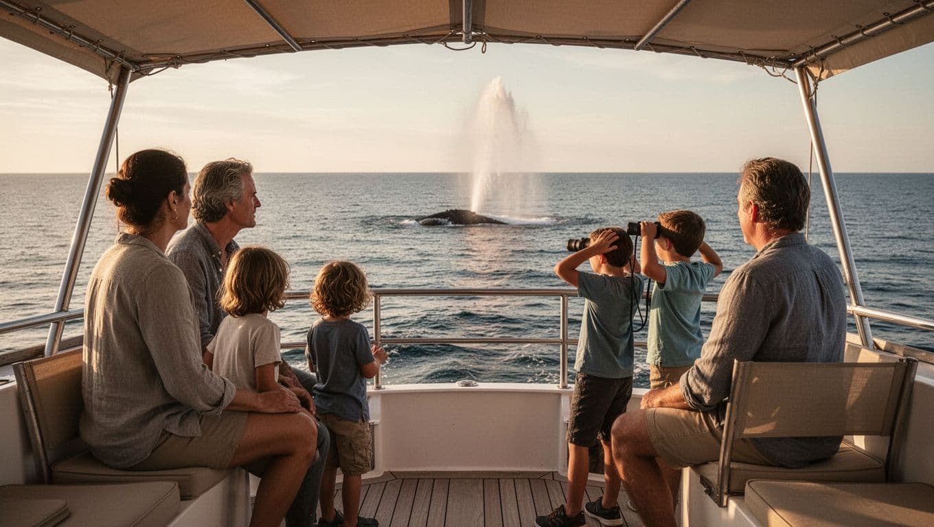 A relaxed family of two adults and two kids on a stable whale watching boat deck, with a child spotting a distant whale spout using binoculars, shaded seating, calm sea, and warm golden hour lighting in cinematic style.
