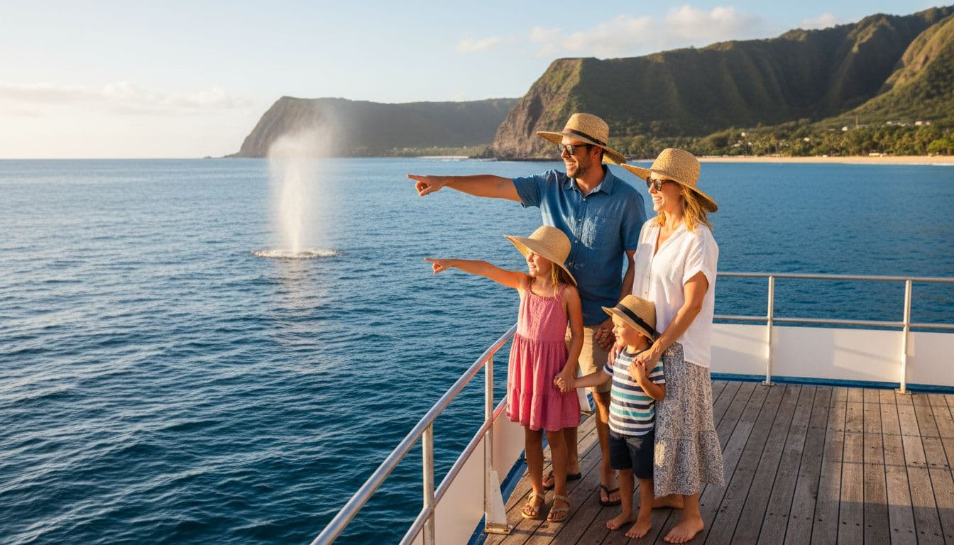 A relaxed family of parents and two kids in sun hats stands on a whale watching boat deck, pointing at a whale spout in the calm sea off the Oahu coast under warm sunlight.