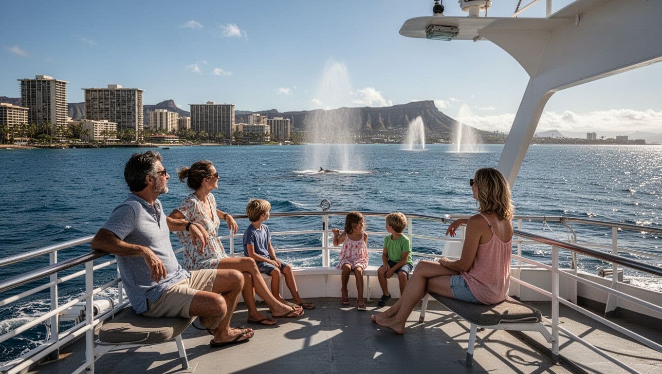 A relaxed family of four enjoys prime views from the upper deck of a double-decker boat during whale watching off Oahu, gazing at the ocean horizon with distant whale spouts and Waikiki coastline in the background on a sunny day.