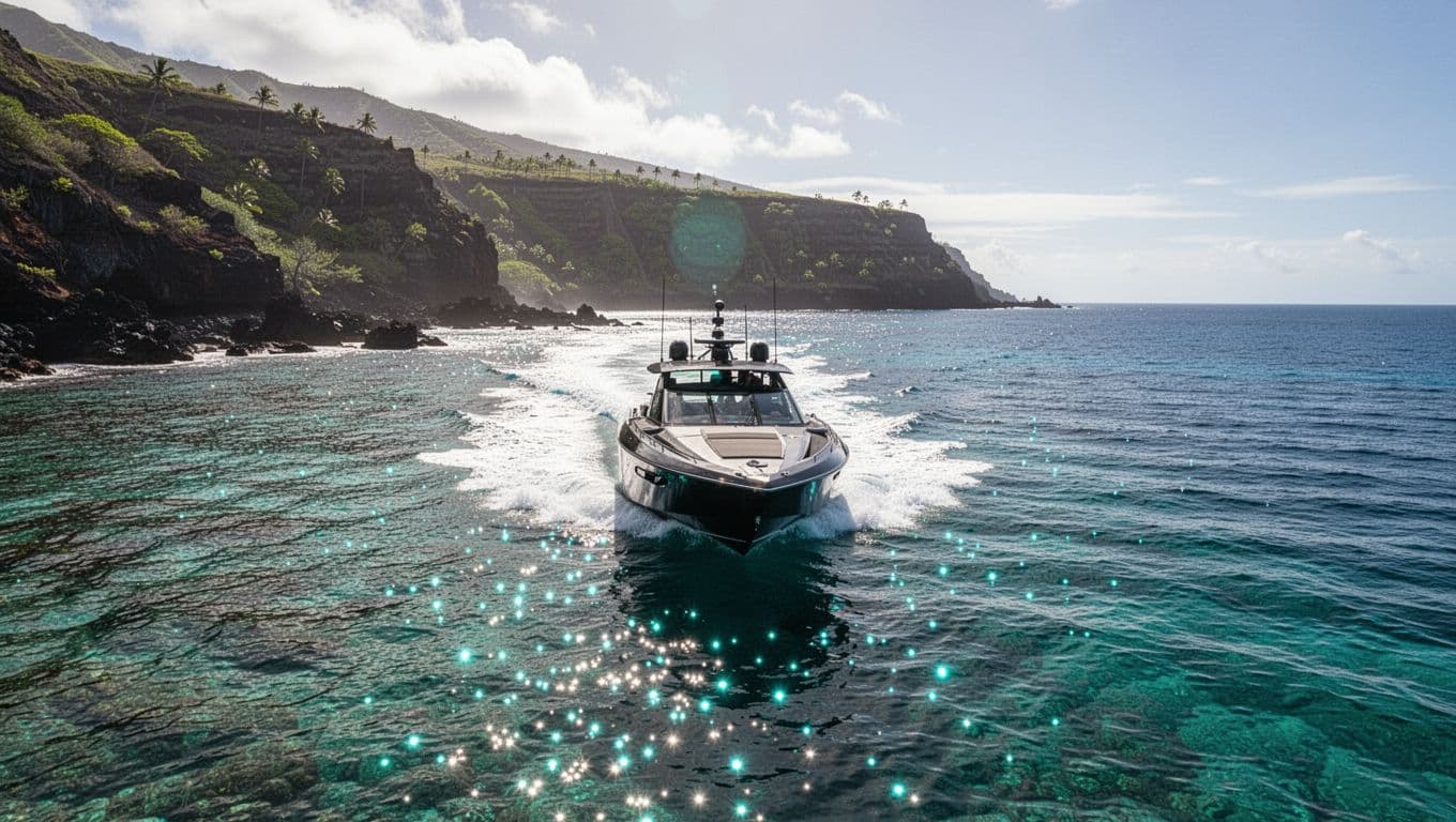 A sleek white motorboat glides swiftly across crystalline deep blue tropical waters near the Big Island coastline. Vibrant cyan wake patterns trail behind the vessel under bright, clear sunlight conditions.
