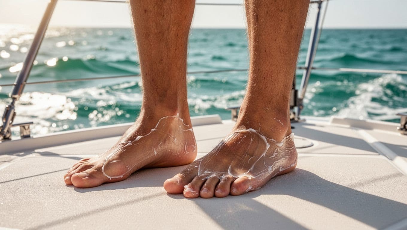 Clean feet with petroleum jelly on heels and toes on sunny boat deck, ocean waves behind.
