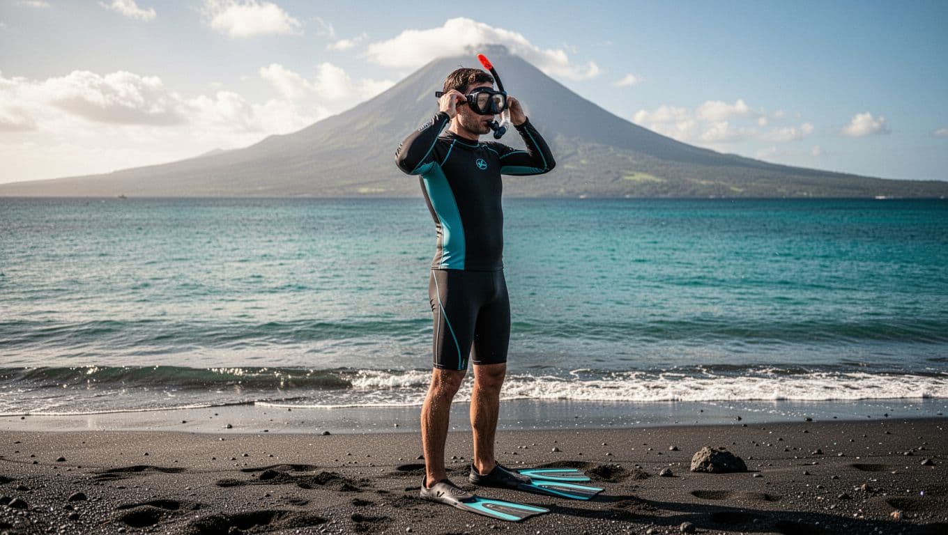 Adult first-time snorkeler confidently fitting snorkel mask, fins, and rash guard on black sand beach near calm turquoise ocean in Kona, Big Island, Hawaii, with distant volcano view in sunny morning light.