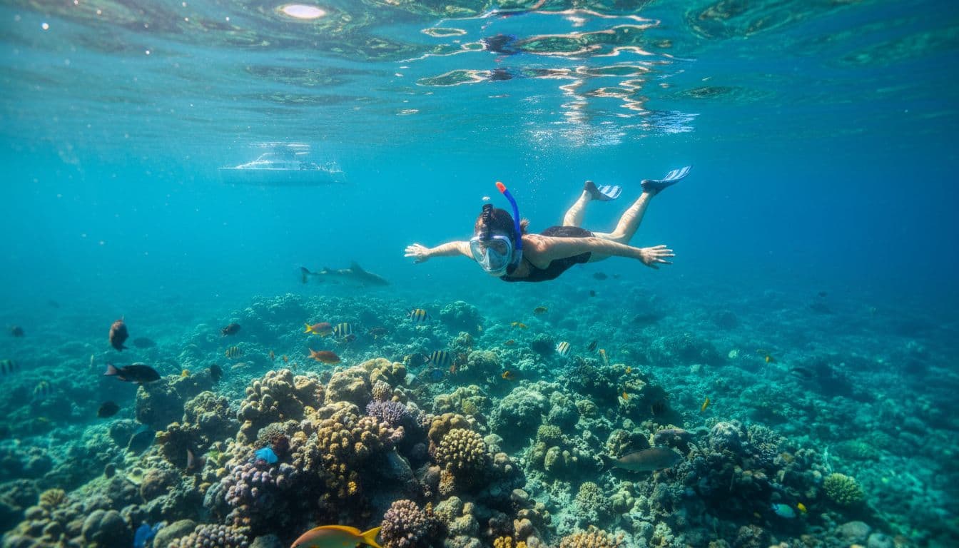 Snorkeler looks down at corals and fish in calm waters above Turtle Canyon reef, boat in background.