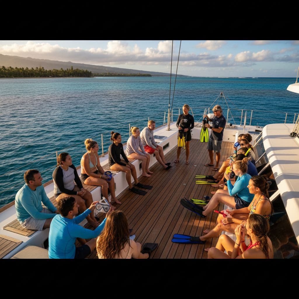 Diverse first-time snorkelers sit on Hawaiian boat deck as guides show gear, ocean and coastline in background.