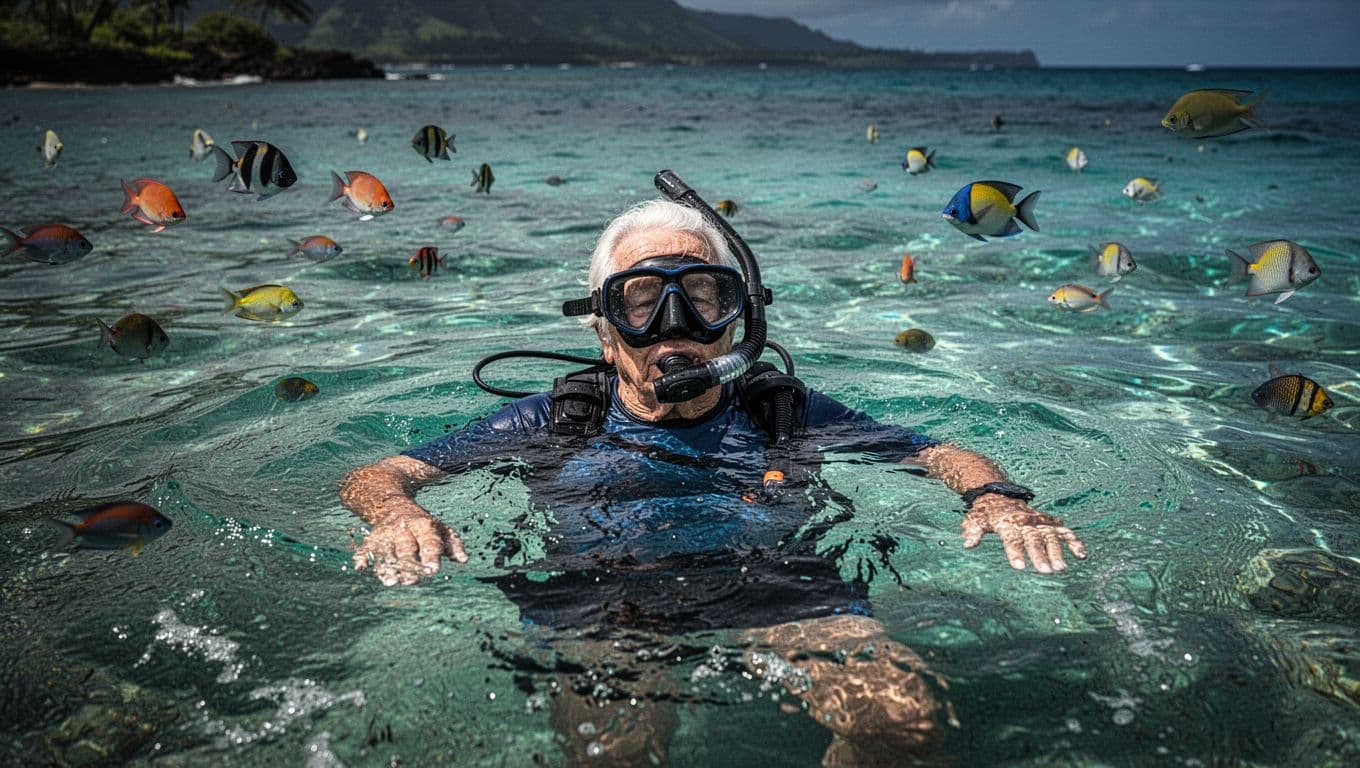 A fit older adult in their 60s wearing snorkel gear floats relaxed on the surface in calm, clear Hawaiian bay waters surrounded by colorful fish.