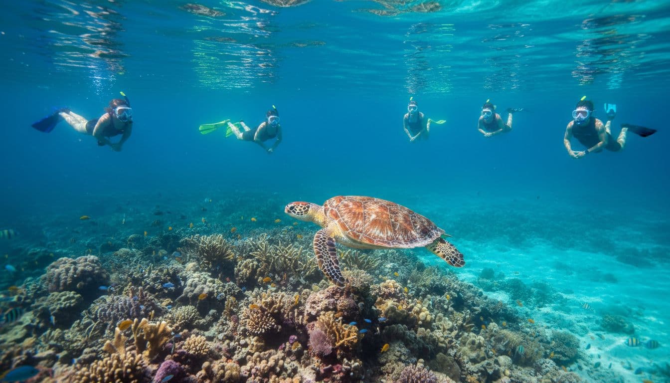 Group of five snorkelers in masks and fins keeps at least 10 feet distance from a single Hawaiian green sea turtle swimming calmly near coral in clear turquoise water at Turtle Canyon reef, sunny tropical day with vibrant blues and greens.