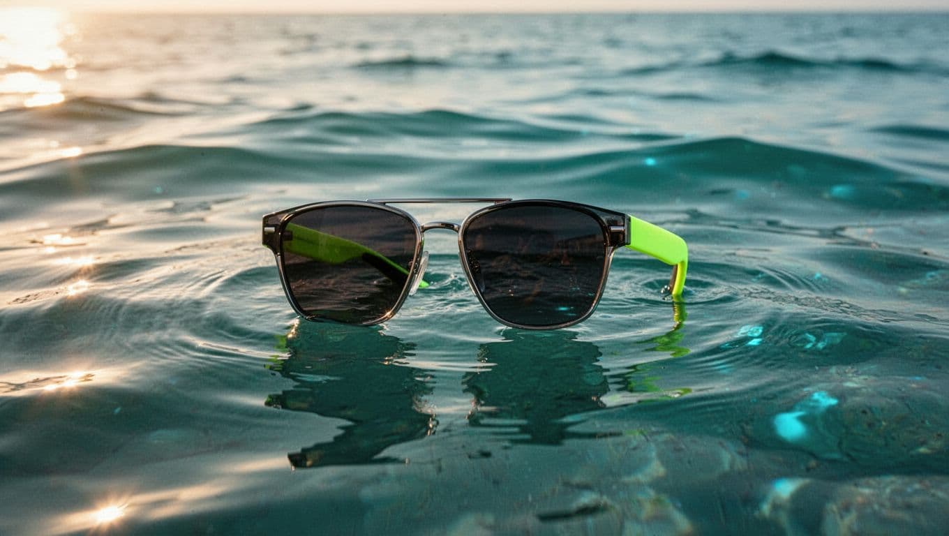 Stylish sunglasses with a bright strap floating safely on calm ocean waves.