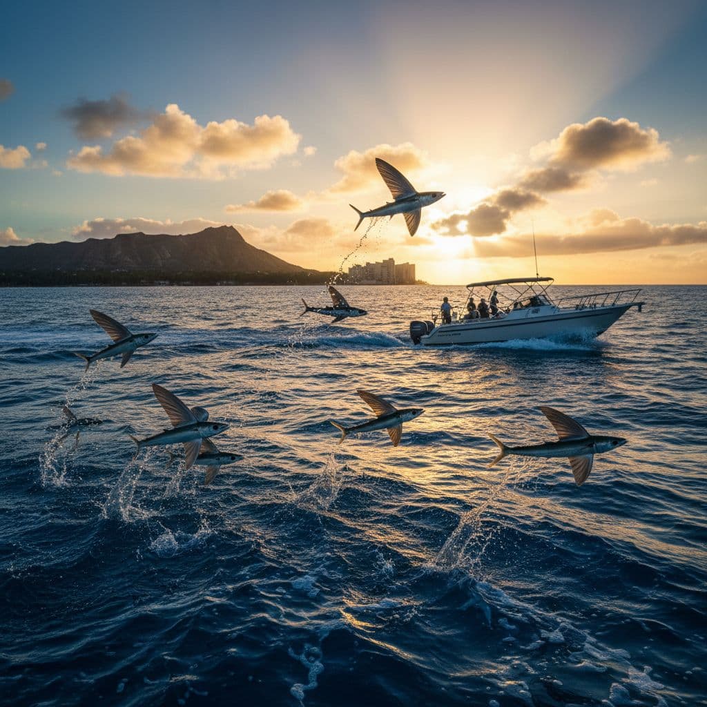 A school of silver flying fish glides above the deep blue Pacific waves. In the background, a white tour boat sits on the horizon under the bright, natural daylight sky.