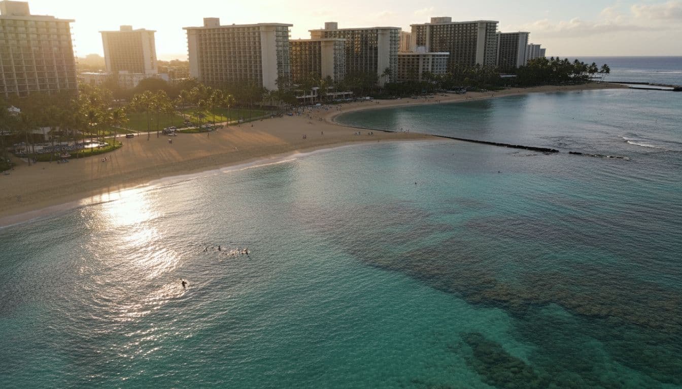 Aerial view of Fort DeRussy Beach shows turquoise waters, snorkelers near shore, palm trees, hotels, and beach path.