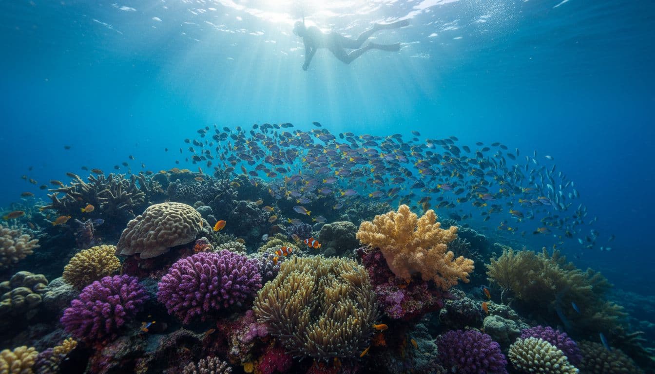 Colorful coral reef with schooling fish at Fort DeRussy, sunlight rays through water, snorkeler silhouette above.