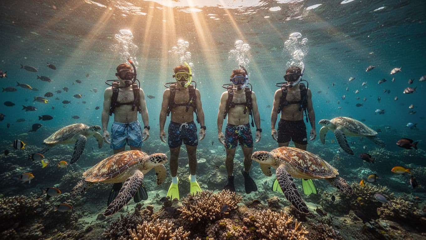 Four friends calmly snorkel near a vibrant coral reef in crystal-clear turquoise waters of Waikiki, with two Hawaiian green sea turtles gliding nearby amid golden god rays and schools of tropical fish.