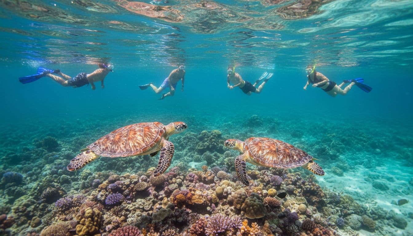 A group of four snorkelers swims calmly with two Hawaiian green sea turtles in clear turquoise water at Turtle Canyon off Oahu, with vibrant coral below on a sunny day with gentle waves, captured in a wide underwater side-angle view.