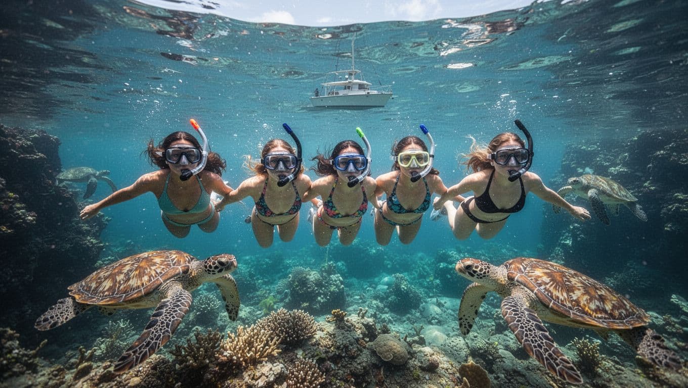 Four women snorkel relaxedly in clear turquoise water at Turtle Canyon near Waikiki, with Hawaiian green sea turtles swimming nearby, coral reef below, sunny daytime, and anchored boat in background.
