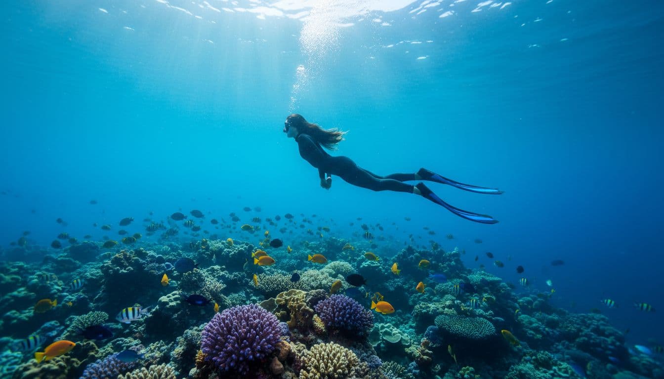 Solo free diver descends through turquoise waters above coral reef and tropical fish, sunlight rays from surface.