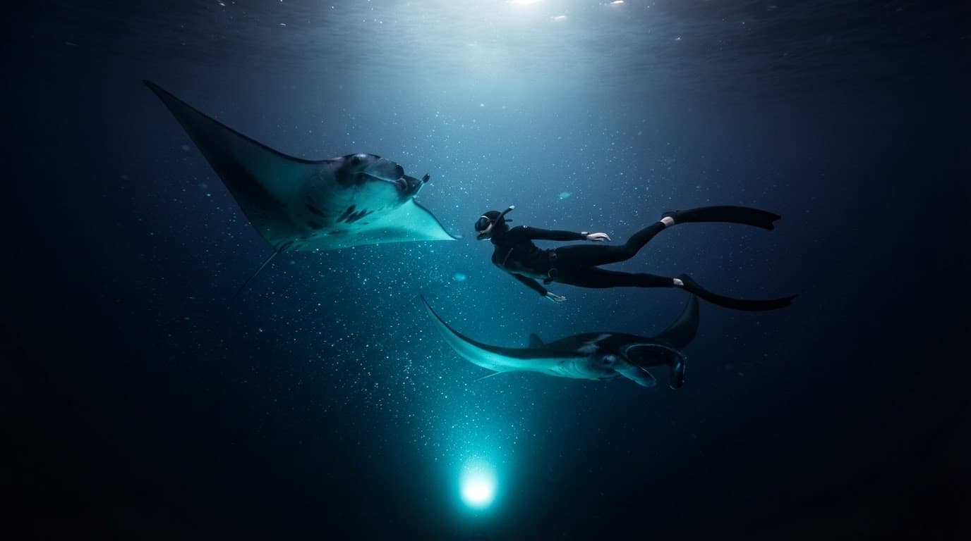 A freediver swimming with giant manta rays in dark ocean water lit by bright cyan light.