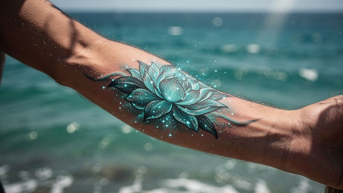 A fresh cyan tattoo on an arm with blurred turquoise ocean behind it.