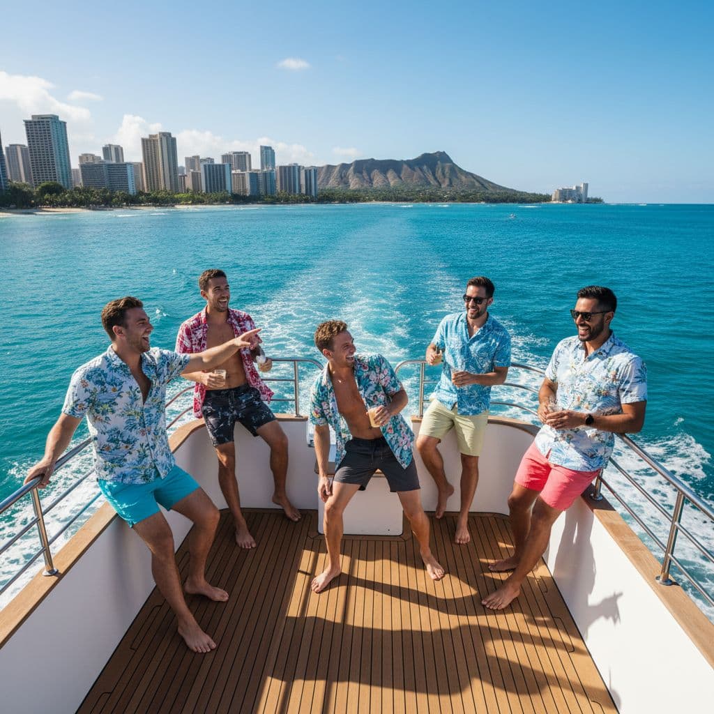 Five friends laugh together on the deck of a modern boat on clear blue ocean water.