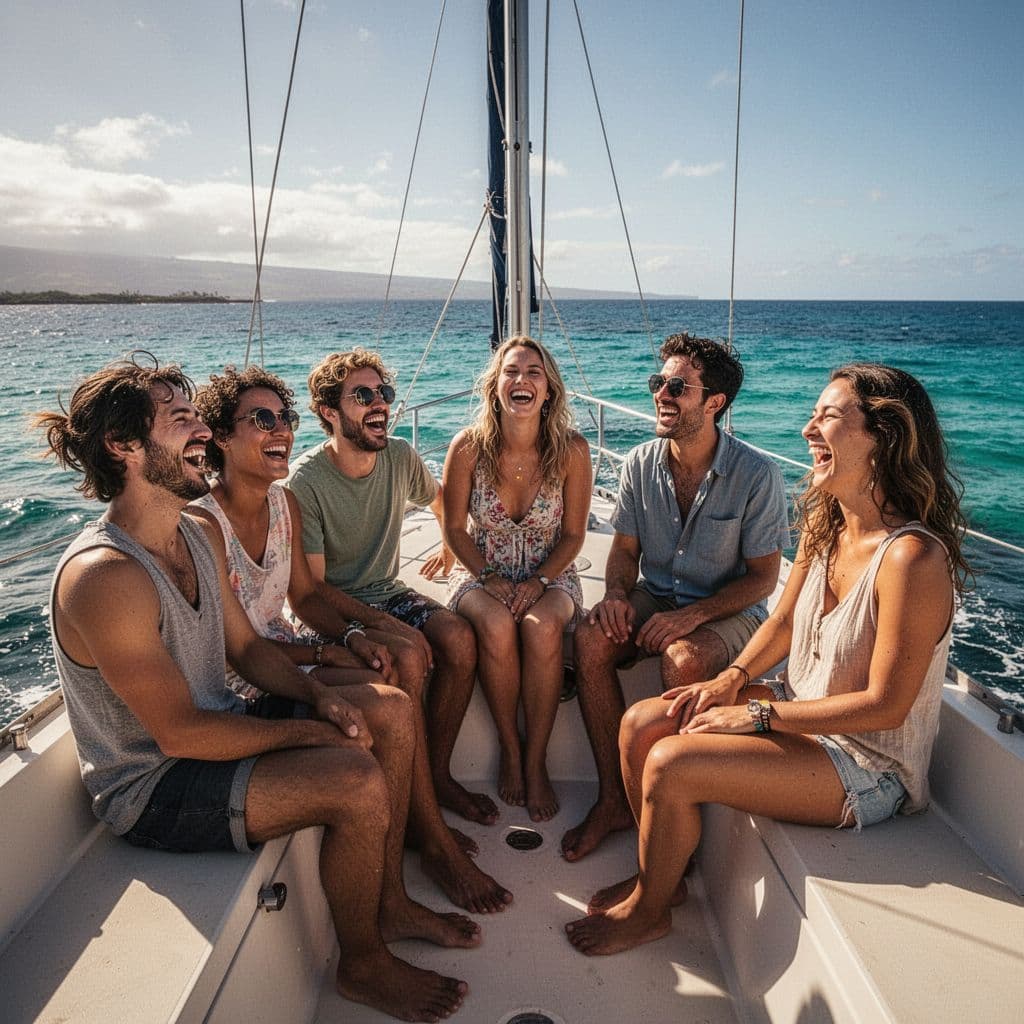 A group of friends laughing together on a boat cruising through bright blue Hawaiian coastal waters.