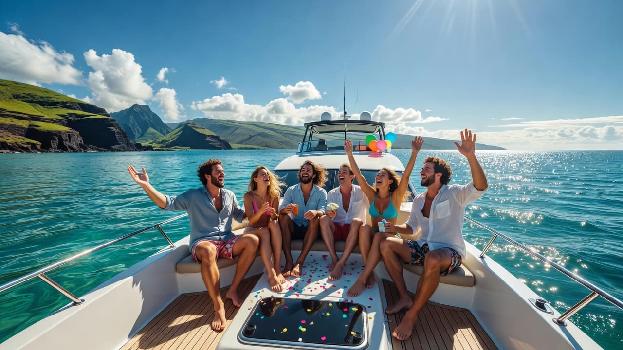 Five friends laugh together on a sunlit boat drifting through clear cyan waters. A birthday celebration unfolds as sunlight dances off the sparkling waves, casting dramatic shadows across the deck.