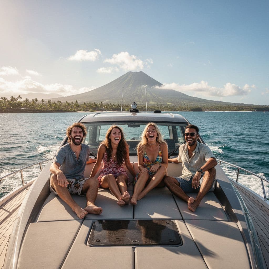 Four friends laugh and relax on a modern boat deck with Honolulu coastline and Diamond Head in background.