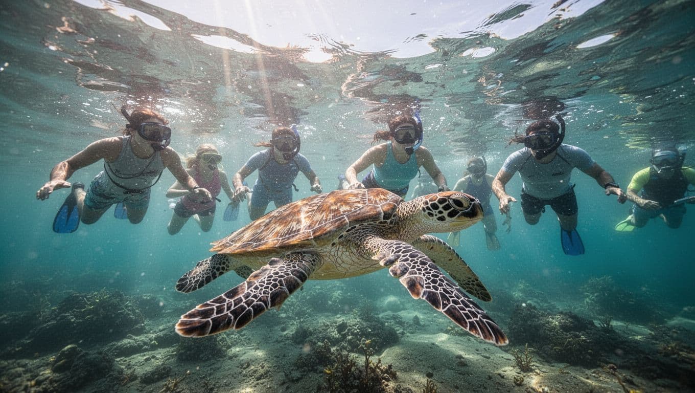 A diverse group of friends swims alongside a sea turtle in bright, clear Hawaiian waters.