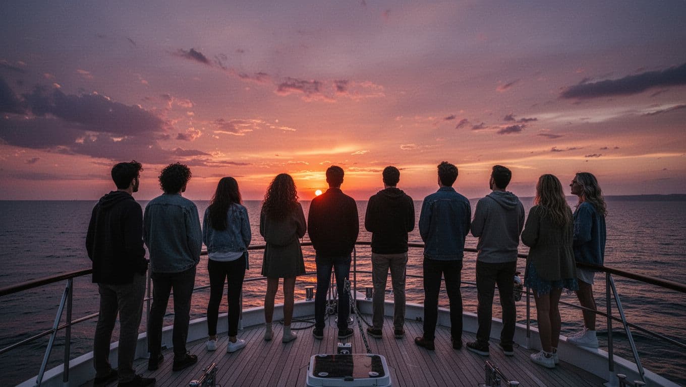 Silhouetted friends stand on a boat deck watching a vibrant orange and purple sunset.