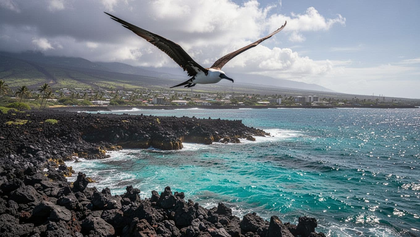 A frigatebird flies above black lava rocks and turquoise water along the Kona coast.