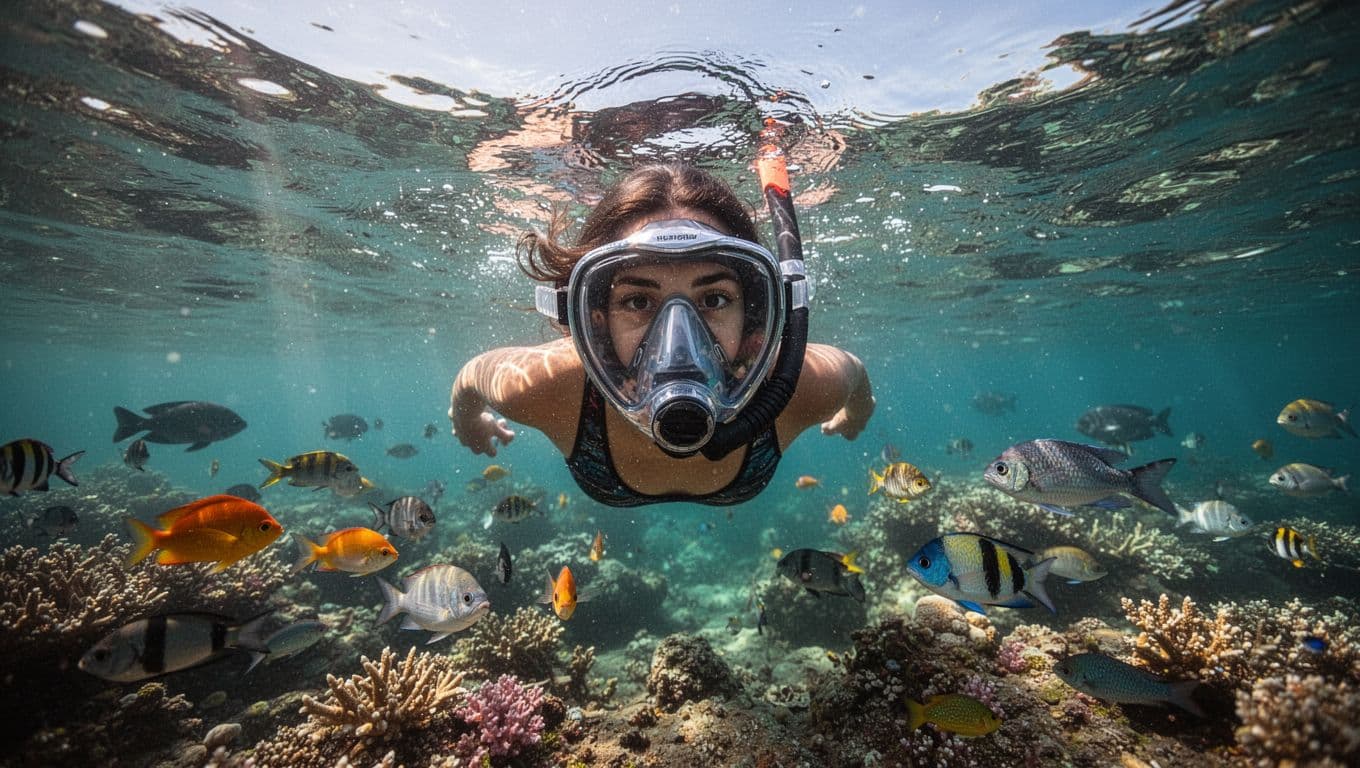 Snorkeler floating relaxed on the surface using a full-face snorkel mask in clear turquoise Oahu waters, with panoramic underwater view of colorful fish and coral through wide lens, cinematic style with dramatic lighting.