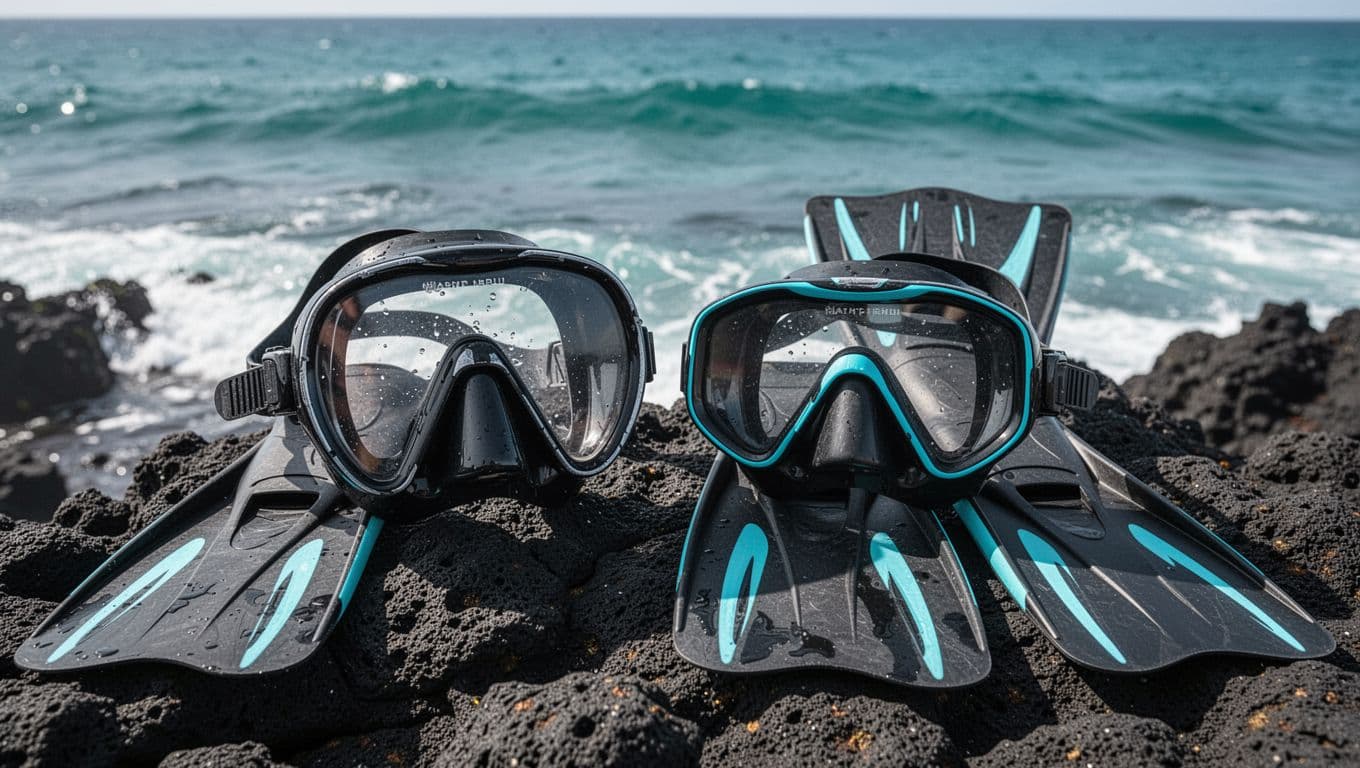 A full-face snorkel mask and traditional separate mask with snorkel and fins placed side by side on black volcanic rock next to calm turquoise ocean waves on Hawaii's Big Island.