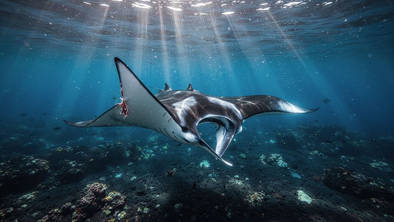 A giant manta ray with a small healing abrasion swims above a Hawaiian reef.