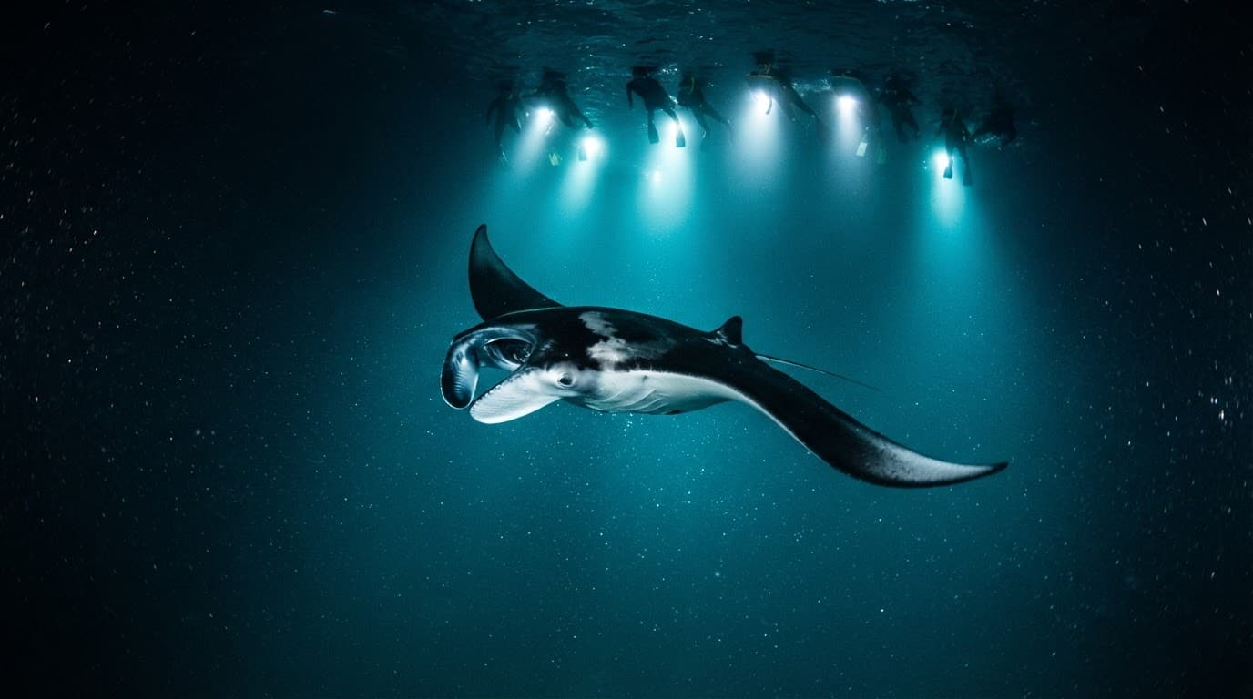 A giant manta ray glides beneath glowing lights in clear turquoise water.
